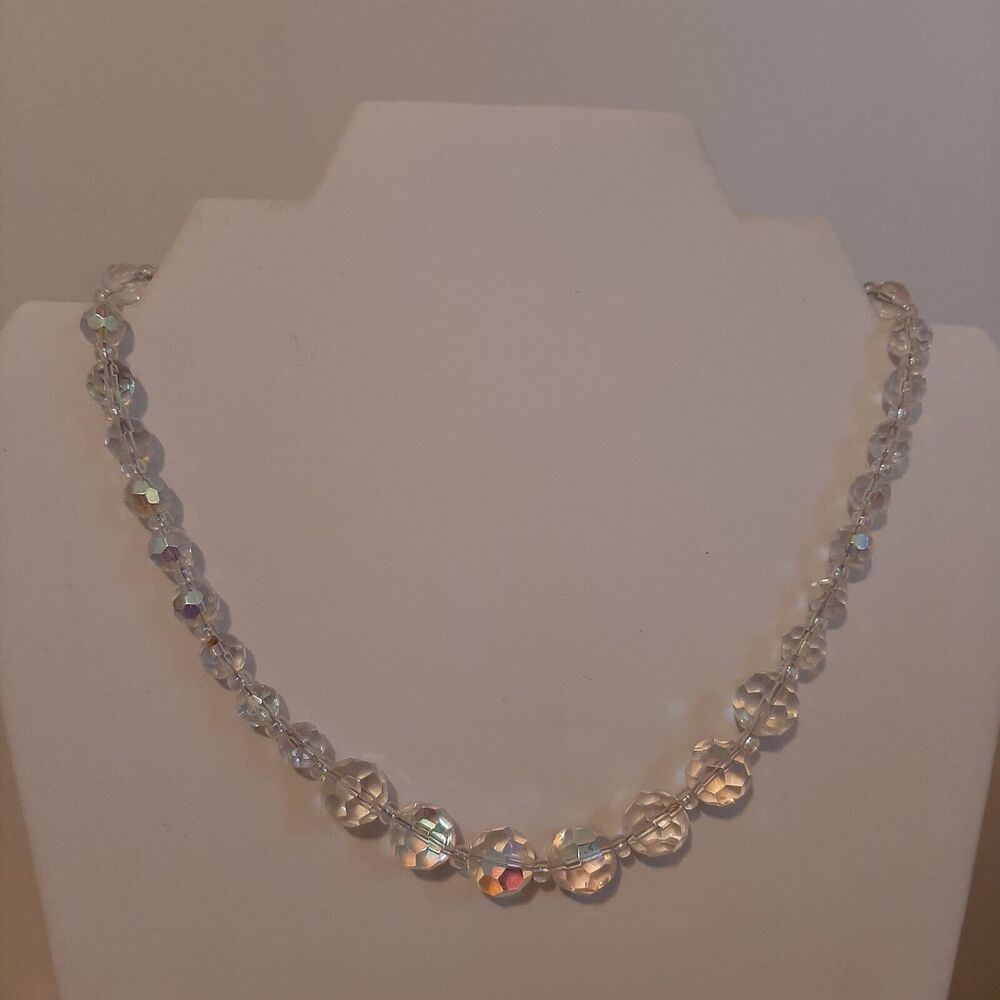 Vtg AB Crystal or Glass Faceted Graduated Necklace w/ 925 Toggle Clasp TESTED